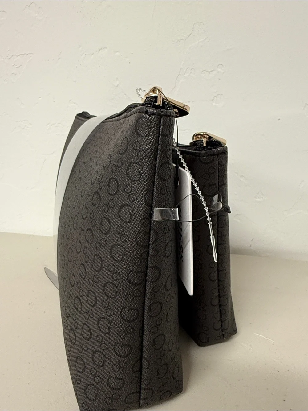 Guess Embossed Cosmetic Pouch Bag 2 pcs Set Full Zipper Black With Print logo